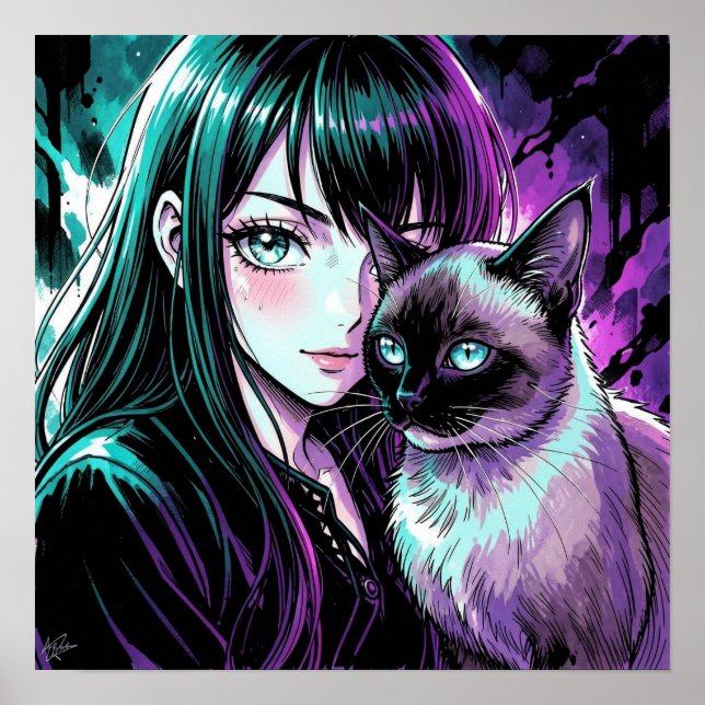 Hübsches Anime-Mädchen und Siamkatze Poster (Vorne)