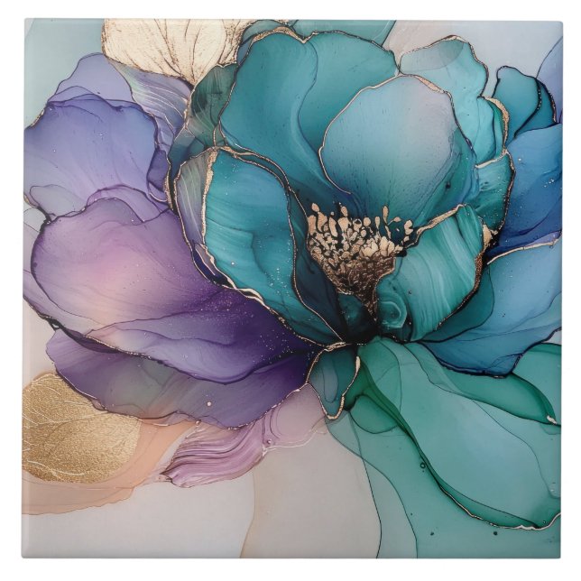 Hübsches Aqua Blue Lila Gold Floral Fliese (Vorderseite)