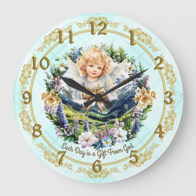 Hübsches Aqua Inspiration Angel Cherub Große Wanduhr (Vorderseite)