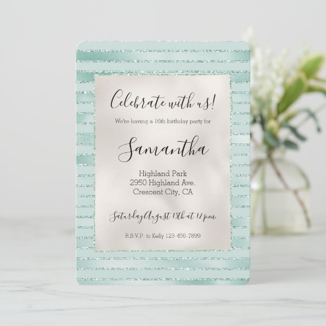 Hübsches Aqua Mint Glitzy Glitzer Einladung (Stehend Vorderseite)