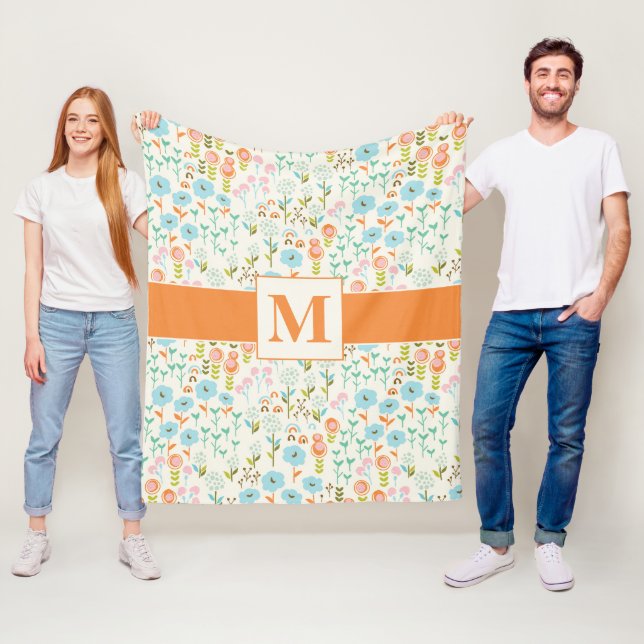 Hübsches Aquamarines blaues Orangenrosa Blumenmust Fleecedecke (Beispiel)