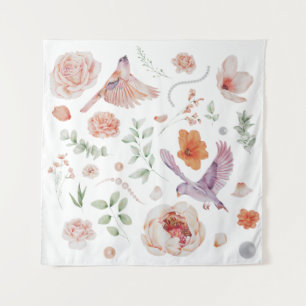Hübsches Aquarell-Blumen-Kolibri-Muster Wandteppich