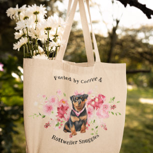 Hübsches Aquarell-Blumenmotiv   Rottweiler-Hund Tragetasche