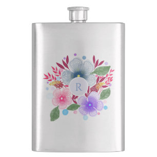 Hübsches Aquarellfarben-Bouquet Monogramm Flachmann