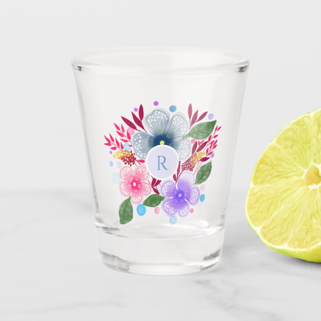 Hübsches Aquarellfarben-Bouquet Monogramm Schnapsglas (Vorderseite)