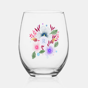Hübsches Aquarellfarben-Bouquet Monogramm Weinglas Ohne Stiel
