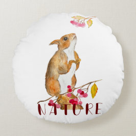 Hübsches Aquarellhörnchen auf einem Zweig mit Beer Rundes Kissen