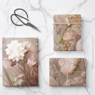 Hübsches Beiges Rosa Boho Blumen- Geschenkpapier Set