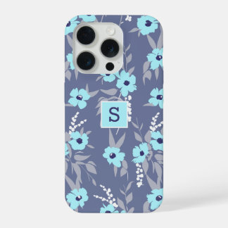 Hübsches Blau Blüten Muster Monogramm / Initiale iPhone 15 Pro Hülle