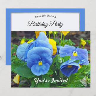 Hübsches Blau und Gelb Pansy Foto Geburtstag Einladung