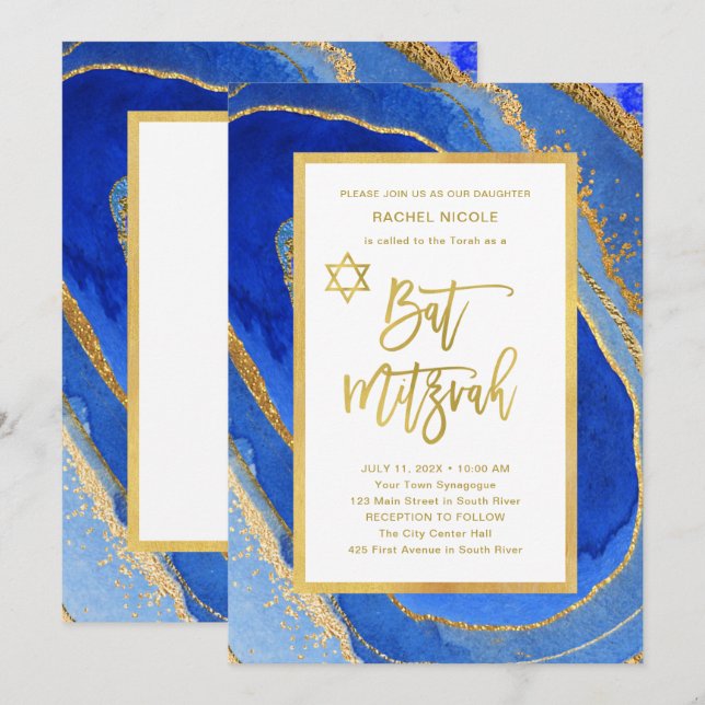 Hübsches Blau und Goldgeode | Bat Mitzvah Einladung (Vorne/Hinten)
