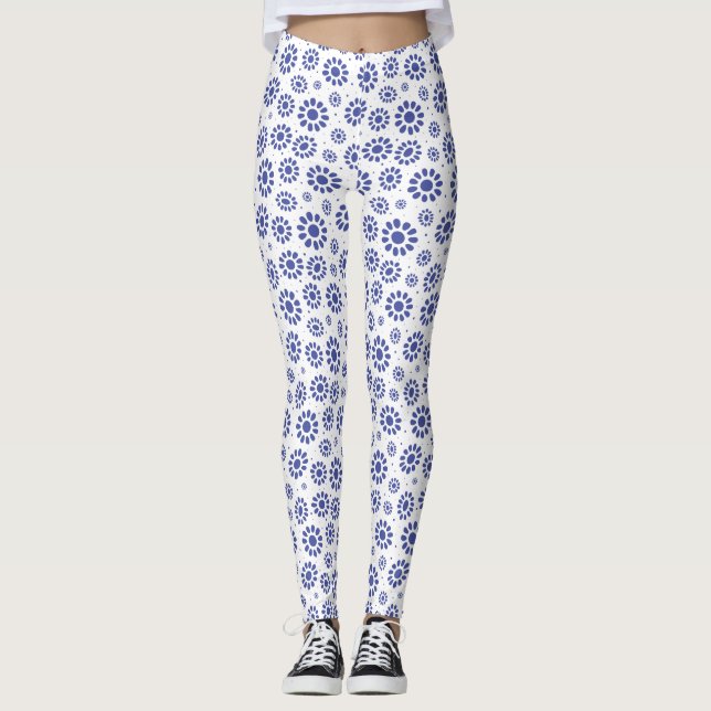 Hübsches Blau und Weiß Abstrakt Daisy Muster Leggings (Vorderseite)