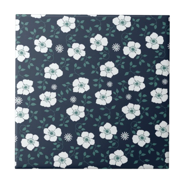 Hübsches blau-weißes Blumenmuster Fliese (Vorderseite)