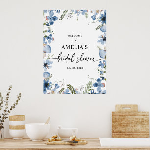 Hübsches blaues florales Willkommensschild für Bra Poster