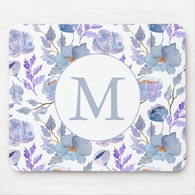 Hübsches blaues Lilac-Aquarellfarbenmonogramm Mousepad (Vorne)