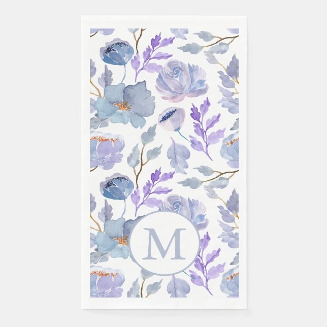Hübsches blaues Lilac-Aquarellfarbenmonogramm Serviette (Vorderseite)