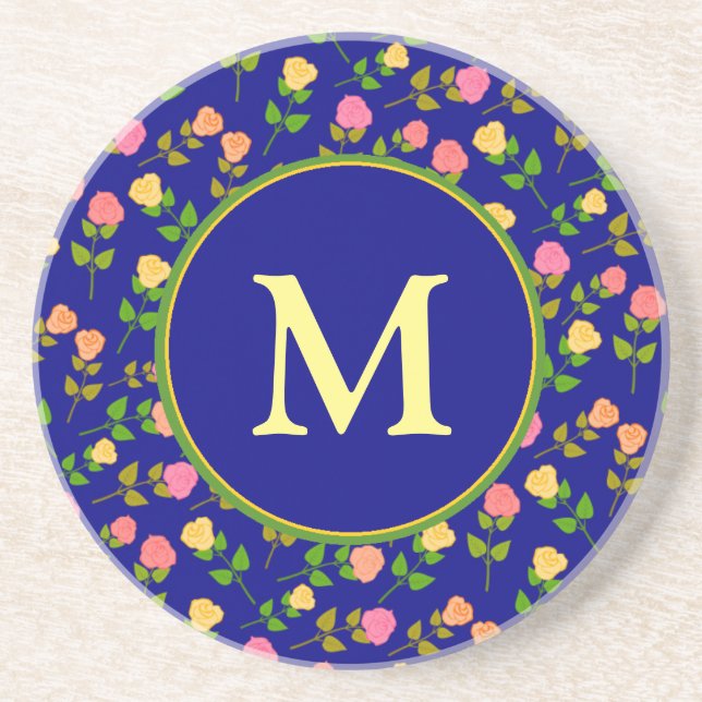 Hübsches blaues Rosenmuster Monogramm Getränkeuntersetzer (Vorne)