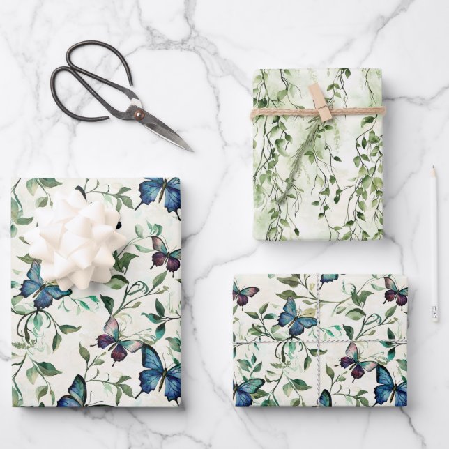 Hübsches blaues SchmetterlingsBrautparty Geschenkpapier Set (Vorderseite)