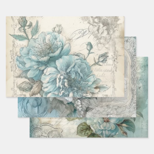 Hübsches blaues Shabby Chic Geschenkpapier Set (Set)