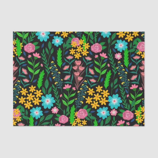 Hübsches Blue Pink Garden Blume Schwarzes Design Seidenpapier (Vorderseite)