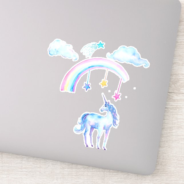 Hübsches Blue Watercolor Einhorn mit Regenbogen Aufkleber (Detail)