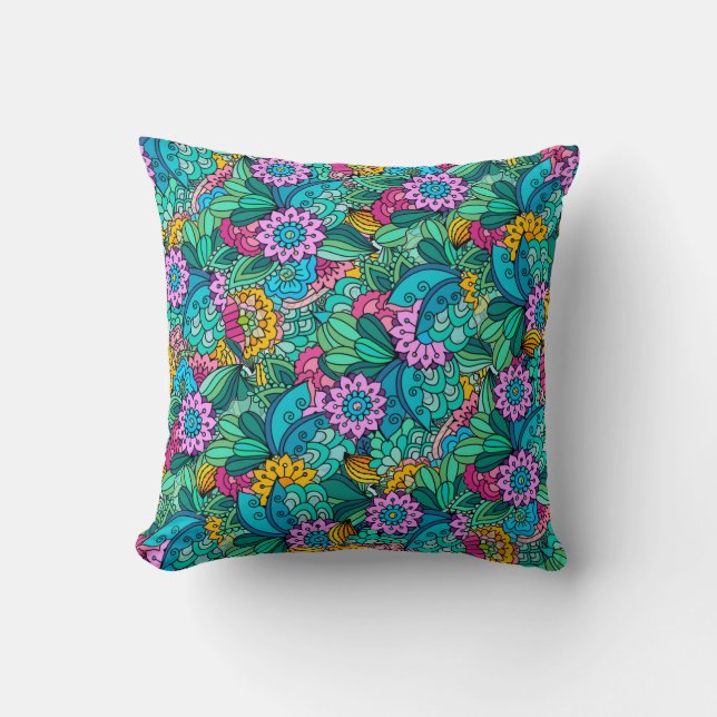 Hübsches Blumendesign in Druckfarben und Grüntönen Kissen (Vorderseite)