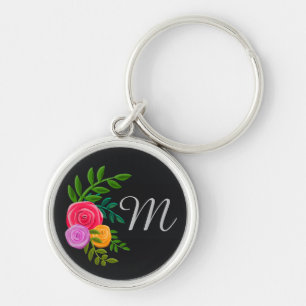 Hübsches Blumenmuster auf der Tafel Mit Monogramm Schlüsselanhänger