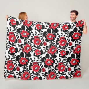Hübsches Blumenmuster in Rot, Schwarz und Weiß Fleecedecke