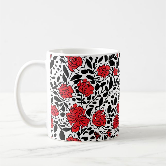 Hübsches Blumenmuster in Rot, Schwarz und Weiß Kaffeetasse (Links)