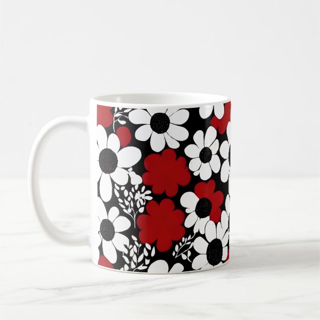 Hübsches Blumenmuster in Rot, Schwarz und Weiß Kaffeetasse (Links)