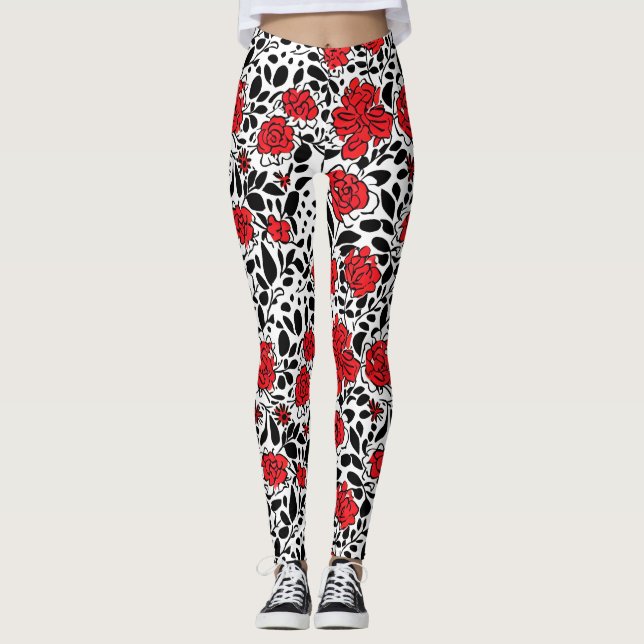 Hübsches Blumenmuster in Rot, Schwarz und Weiß Leggings (Vorderseite)