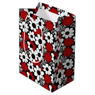 Hübsches Blumenmuster in Rot, Schwarz und Weiß Mittlere Geschenktüte