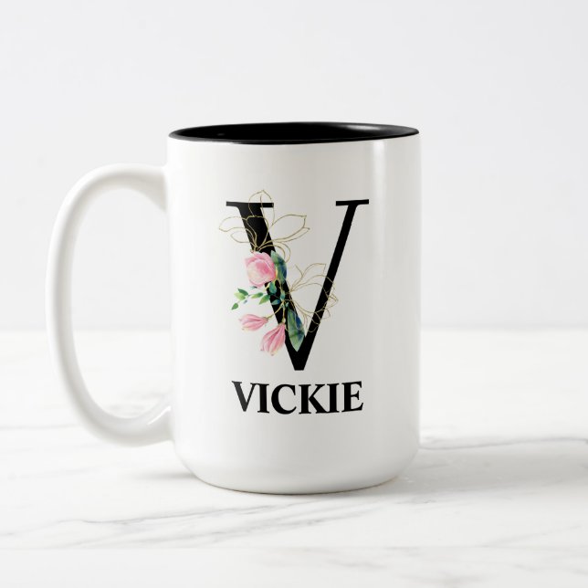 Hübsches Blumenmuster V mit Monogramm Alphabet Zweifarbige Tasse (Links)