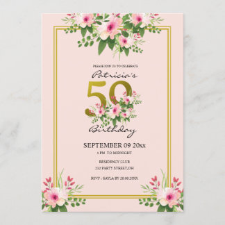 Hübsches Blumenrosa und Gold 50. Geburtstag Einladung