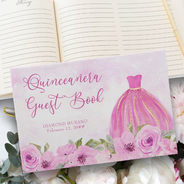 Hübsches Blumenrosa und Goldprinzessin Quinceanera Gästebuch (Quinceanera Guest Book from my Galaxy Floral Princess Quinceanera collection
)