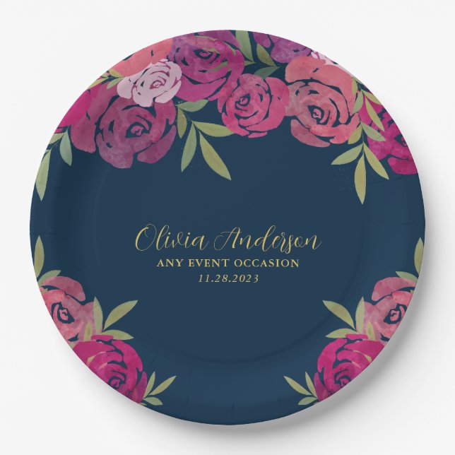 Hübsches Blumenrosa und Lila Aquarellfarben Rose B Pappteller (Vorderseite)