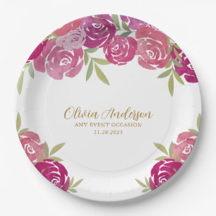 Hübsches Blumenrosa und Lila Aquarellfarben Rose Pappteller