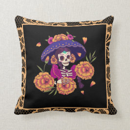 Hübsches Blumenskelett Skull & Orange Lace Gothic Kissen