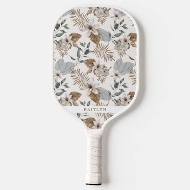 Hübsches Boho Gold Tropical Floral und Name Pickleball Schläger (Rückseite)