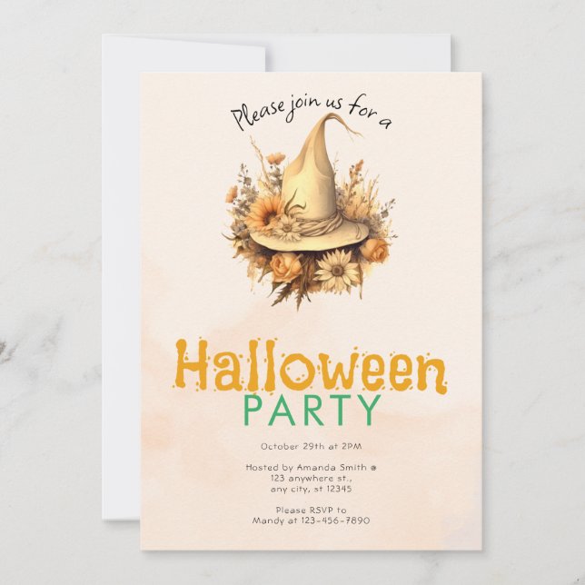 Hübsches Boho Hexs Hut-Halloween-Party Einladung (Vorderseite)