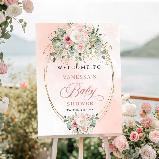 Hübsches Boho-Rosa-Rosen-Babyshower-Willkommenssch Poster (Pretty Boho Blush Roses Baby Shower Welcome Sign Art

)