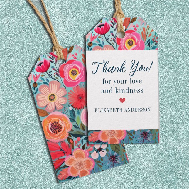 Hübsches Botanisches Mädchenhaftes Florales Dankes Geschenkanhänger (A bright colorful floral Thank you gift tag. Great for thanking wedding or bridal shower guests.)