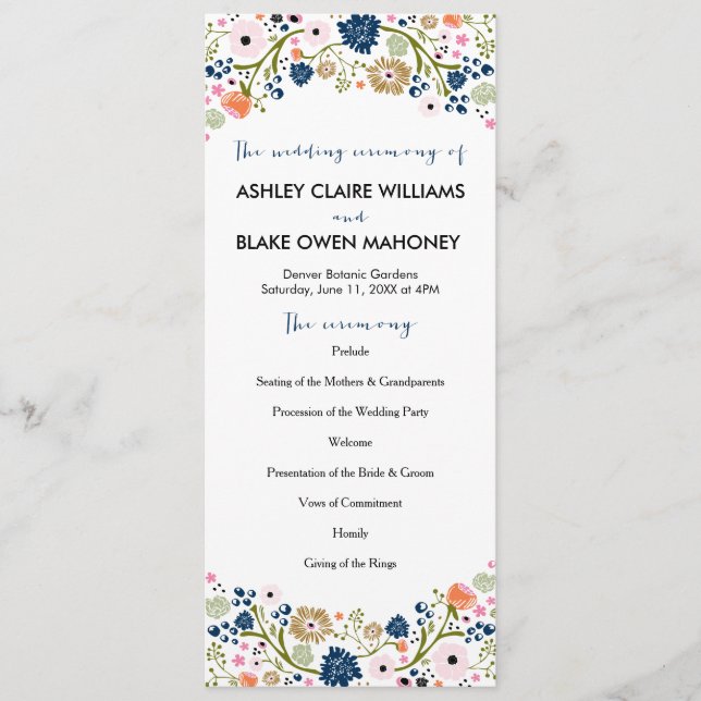 Hübsches Bouquet Floral Wedding Program | Dunkelbl Programm (Vorderseite)