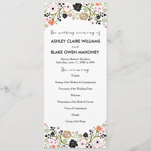Hübsches Bouquet Floral Wedding Program | Schwarz Programm (Vorderseite)