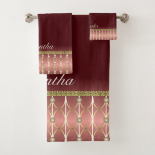 Hübsches Burgundy und geometrische Gold Gemustert Badhandtuch Set