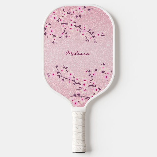 Hübsches Cherry Blossom Rosa Glitzer Monogram Flor Pickleball Schläger (Vorderseite)