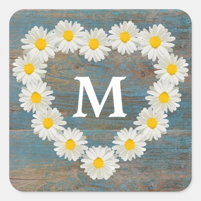 Hübsches Daisies Monogram Rustic Blue Wood Quadratischer Aufkleber (Vorderseite)