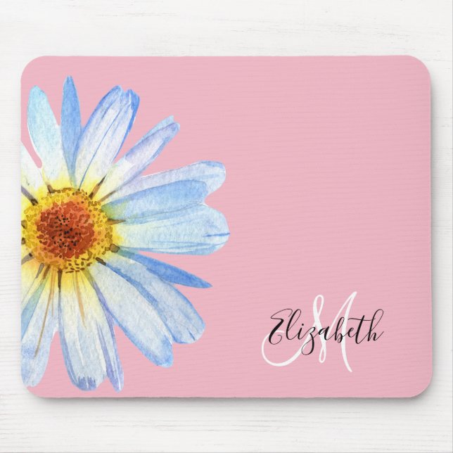 Hübsches Daisy White Pink Monogramm Mousepad (Vorne)