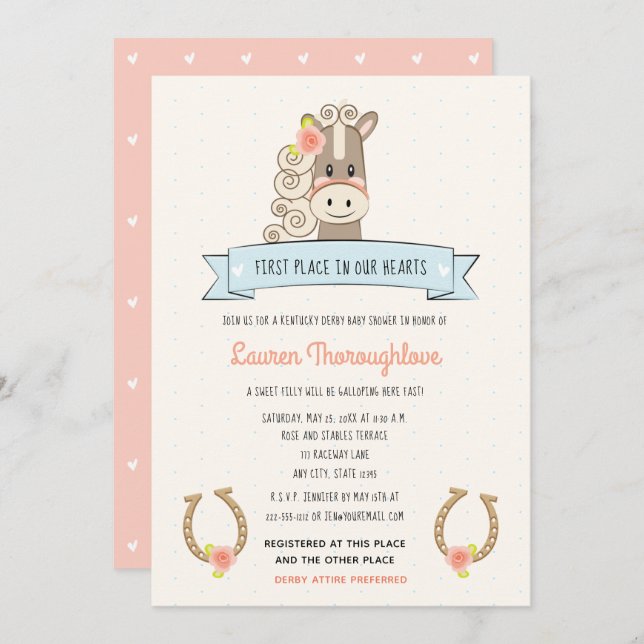 Hübsches Derby Horse Baby Shower Invitations Girl Ankündigung (Vorne/Hinten)
