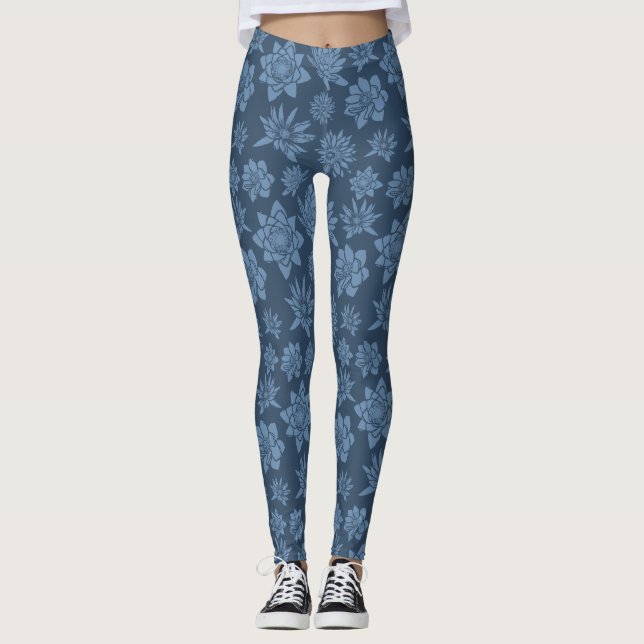 Hübsches dunkelblaues Blumenmuster Leggings (Vorderseite)
